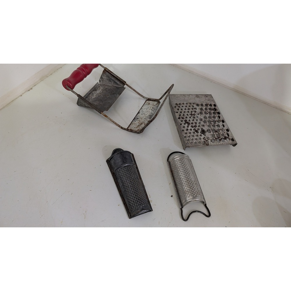 Vintage Antique Metal Kitchen Grater Slicer Lot Red Wood Handle Primitive Decor
